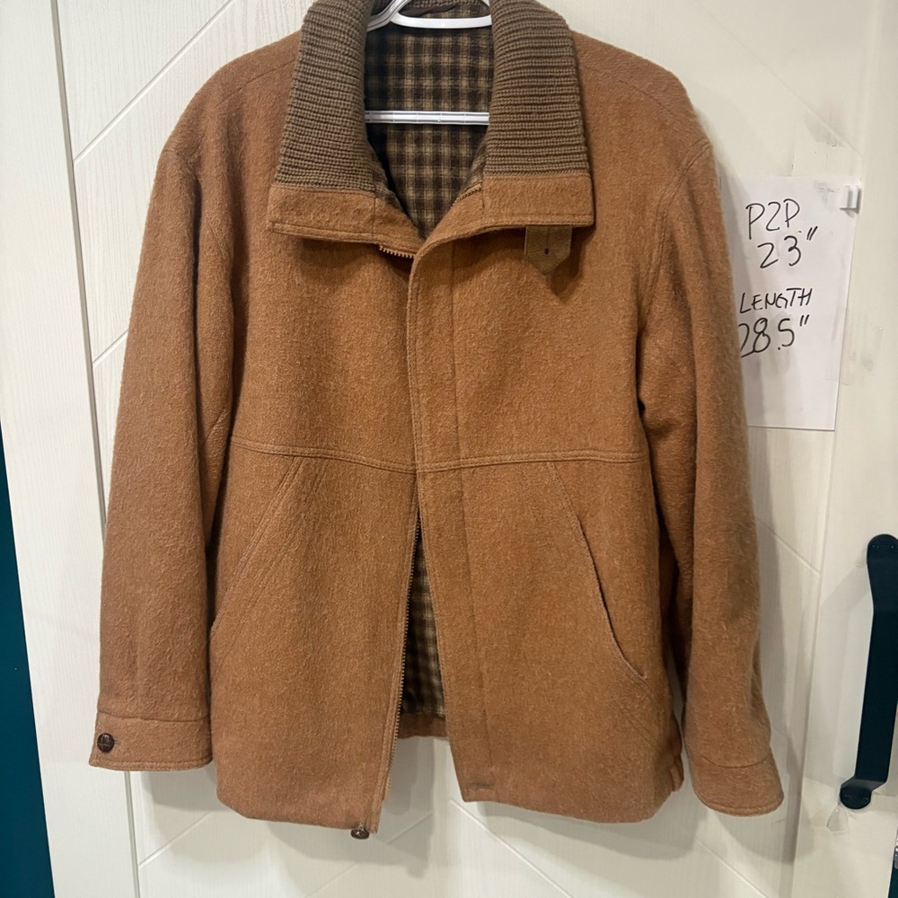 Vintage Camel Wool Bomber Jacket Plaid Flannel Lined‎ Heavyweight chore Coat L